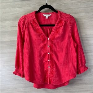 Liverpool Vibrant Fuchsia Pink Gauze Embroidered 3/4 Sleeve Blouse Small